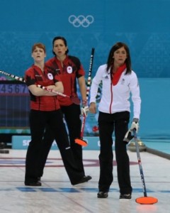 Worried looks all round - Canada's Dawn McEwen (l) and Jill Officer behind Eve Muirhead